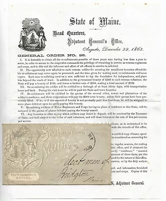 Antique 1863 MAINE CIVIL WAR General Order SOLDIER RE-ENLISTMENT Paper Document • $129.95