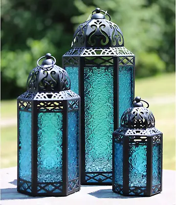 Moroccan Candle Lanterns Decorative Set Of 3 For Floor Ramadan Decorations Ind • $98.99