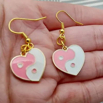 Heart Earrings Yin & Yang Pink & White Love Mother's Day New In Gift Bag • £4.95