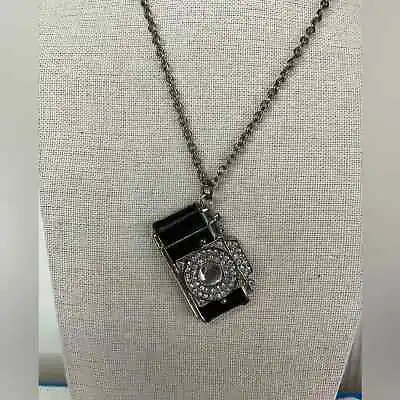 Black Vintage Camera Pendant Charm White Crystals Silver Tone Necklace 18” • $26