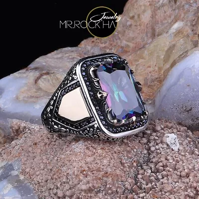 MultiColor Mystic TopazBlack ZirconSquareBlack ColorSilver Adult Men's Ring • $186.99