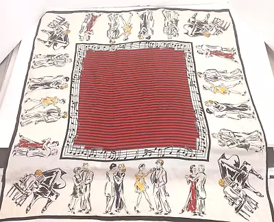 Vintage 50s Red Black White 26 1/2” Scarf Dancing Couples Musical Notes Design • $15