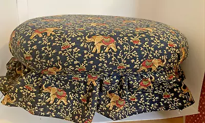 Antique Vintage Wood Footstool Ottoman Stool Floral Ruffle Trim Elephant Print • $99.99