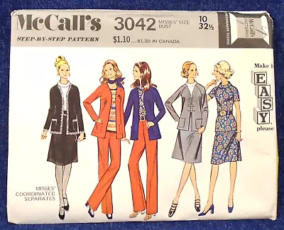 Vintage 70s Pattern McCalls 3042 Wardrobe Separates Pants Skirt Blouse Jacket 10 • $9.95