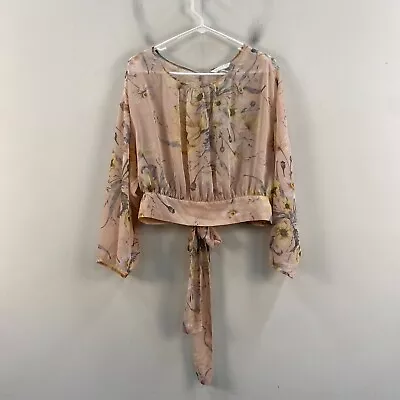 H&M Womens 12 Shirt Top Blouse Pink Floral Sheer Long Sleeve Pullover Split Tie • $18.85