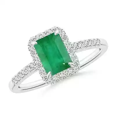 ANGARA 7x5MM Natural Emerald Ring With Diamond Halo For Women In 14K Solid Gold • $1310.32