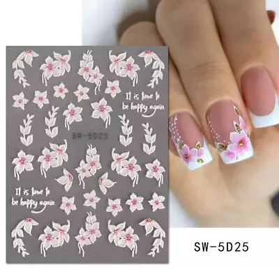 5D Embossed Flowers Nail Stickers Pink Cherry Blossom Engraved Flower Sunflower • $2.95