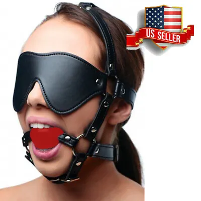 Open Mouth Ball Gag Head Harness Strap Blindfold Eye Mask Bondage BDSM Adult • $14.89