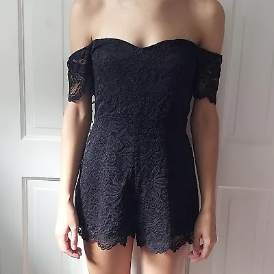 Ladies New Look Black Playsuit Lace-look Stretch Zip Off Shoulder Size 10 • £3.99