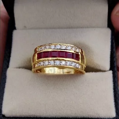 2.20 Ct Princess Ruby & Moissanite Men's Wedding Band Ring 14K Yellow Gold Over • $119.99