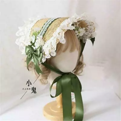 Lolita Girls Lace Straw Bonnet With Bowknot Cute Civil War Straw Hat Copslay HSA • $31.01