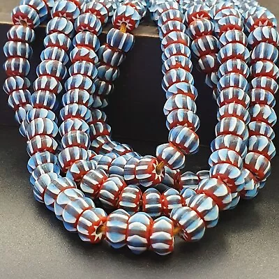 Vintage Chevron Beads Venetian Style RED Blue Glass 9-10mm Beads Long Strand • $45