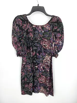 Ecote Dress Womens Medium Black Floral Puff Sleeve Scoop Neck V Back Boho Flowy • $17.64