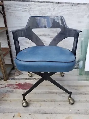 Vintage PSP Prentice Plastic Blue Vinyl  Smoked Lucite? Office Swivel Chair • $49.99