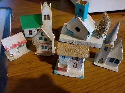 Antique Japan/Chezch Putz Houses Set Of 6 Wood Cardboard Mica Snow • $19.25