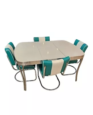 NEW Upholstered 50s Dinette Set With Extra Leaf 4 Chairs Polished Chrome • $3200