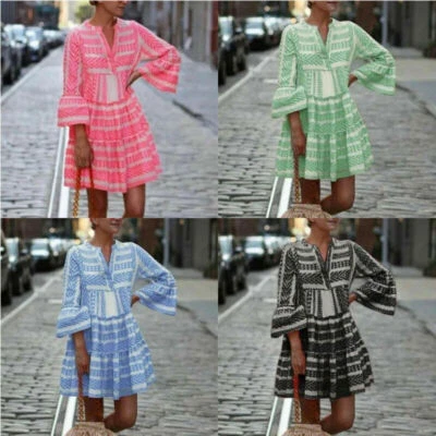 £12.80 • Buy Women's Aztec Printed V-Neck Smock Dress Ladies Summer Holiday Swing Mini Dress~