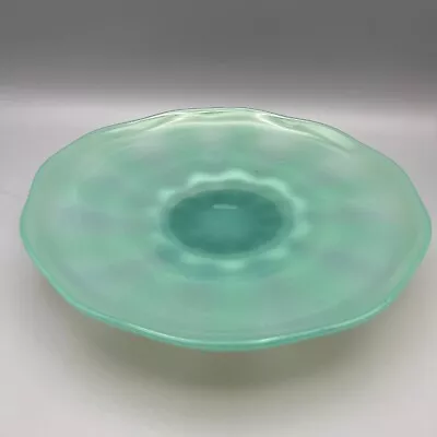 Vintage Art Glass Platter Footed Plate Iridescent Green 10 W • $49