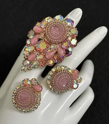 Vintage Gorgeous Pink Rhinestone Juliana Glass Cabochon Earrings Brooch Set • $102.50