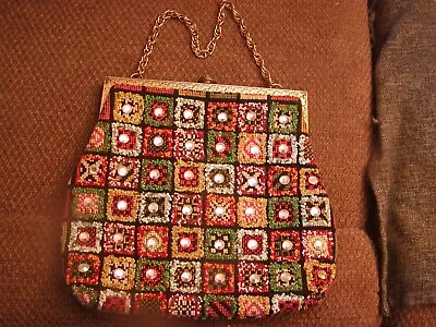 Vintage 50s DELILL Handbag Purse Large GEOMETRIC NEEDLEPOINT RHINESTONES BEADS • $39