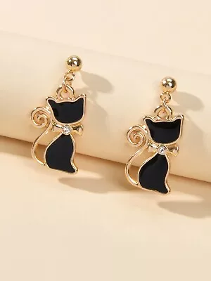 AU Post Rhinestone Black Cat Drop Stud Earrings Elegant Beautiful Jewellery Gift • $1.99