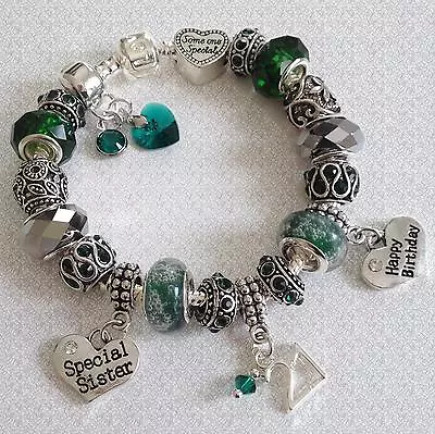 EMERALD GREEN Charm Bracelet With CRYSTAL Heart & Personalised Charms GIFT BOX • £12.95