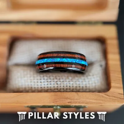 Blue Opal Ring Black Tungsten Mens Wedding Band Koa Wood Ring With Opal Inlay • $199