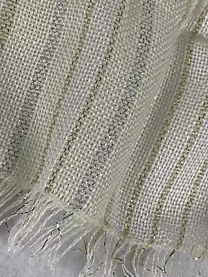 Vintage Woven Tablecloth Gold Silver Metallic Stripe On Cream 102  X 62  Holiday • $5.09