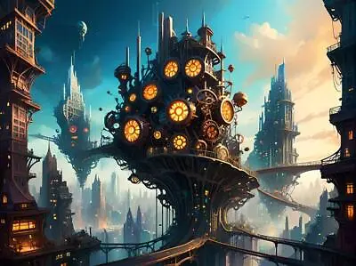 Fantasy Steampunk City Cityscape Clockwork Tower Exotic Skyline Art Poster Print • $26.99