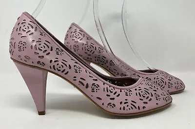 Jane Shilton Size 6 (39) Pink Lazer Cut Out Leather Peep Toe Court Heel Shoes • £11.99