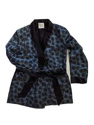 44 L Vintage Burdine Blue/Black Silky Satin Shawl Lapel Smoking Robe Jacket Coat • $179.95