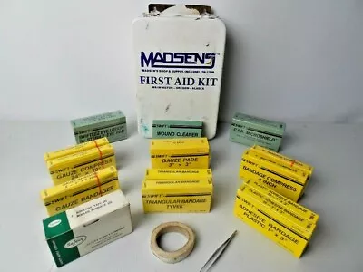First Aid Kit Madsens Shop & Supply Inc. Metal Vintage Fully Stocked 17 Pieces • $72.85