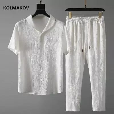 Summer Men's 2pc Cotton Linen Walking Suit Short Sleeve Casual Shirt & Pants Set • $26.95