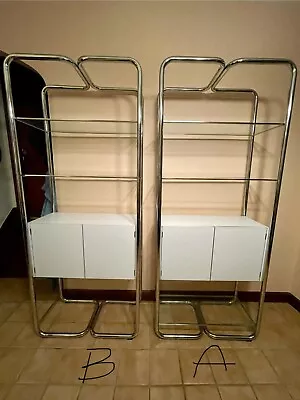 Vintage Mid Century  Chrome & Glass Etagere Bookcase Shelf (Pair) • $550