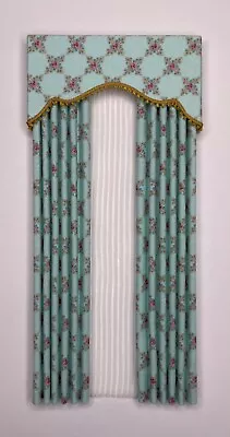 Aqua Light Blue & Pink Roses  Elegant  Dollhouse Curtains With Sheers - 1:12 • $21.95