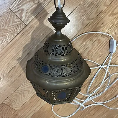 Antique Moroccan Turkish Islamic Pierced Brass Pendant Lamp Lantern  • $155