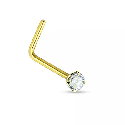 (2 Pieces) 20g (0.8mm)  L  Bend Nose Stud Ring PRONG Set Clear CZ GOLD (B/6/4) • $4.99