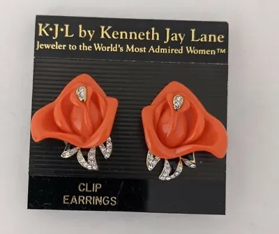 $65 • Buy Designer KJL Kenneth Jay Lane Coral Lucite Rose Clip Earrings NEVER USED