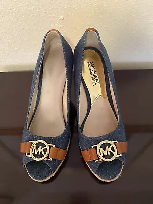 MICHAEL By Michael Kors Meg Denim Peep Toe Espadrille Wedge Sandals Size 5 • $75