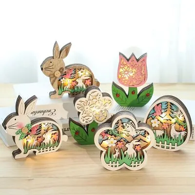 Easter Wooden Crafts LED Light Rabbit Easter Eggs Easter Decorations Table Decor • £7.98