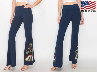 T Party Women's Blue Embroidered Mushroom Forest Flare Yoga Pants Made In USA • $54
