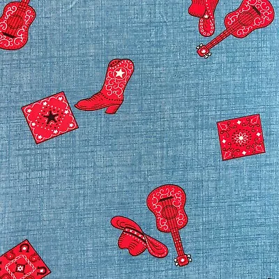 Vtg Western Blue Denim-Look Cowboy Fabric Red Guitar Cowboy Hats Boots Bandana • $12.95