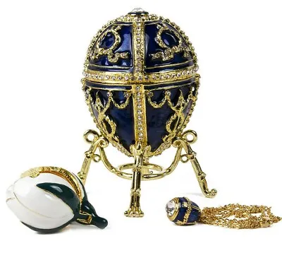 Blue Faberge Egg Replica Trinket Box W/ Rosebud And PendantEaster Gift • £72.94