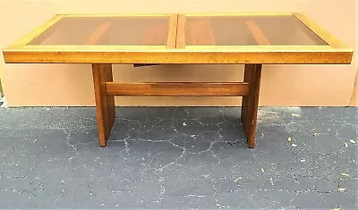 MCM Vintage Solid Teak Smoked Glass Extendable Pop Up Leaf Dining Table • $3995