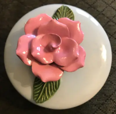 Vintage Blue Ceramic Round Rose Topped Trinket Box Shabby Romantic • $9.95