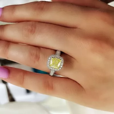 2.60Ct Cushion Cut Canary Yellow Diamond Halo Wedding Ring 14k White Gold Finish • £71