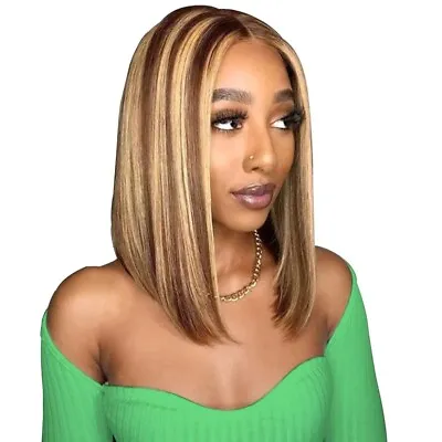 Mongolian Ombre Highlight Blonde Bob Straight Lace Closure Human Hair Wig 14  US • $84.99