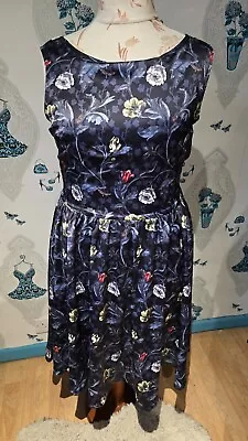 Blue Floral Rockabilly Style Fit Flare Dress By Lindy Bop Size 16 • £3.50