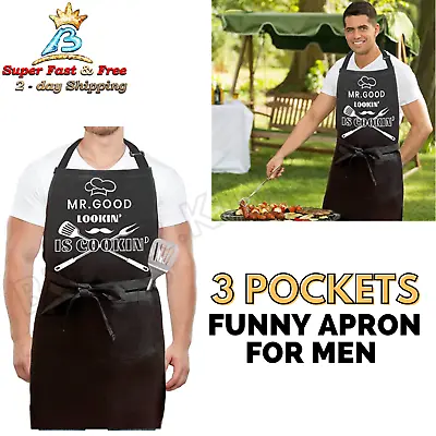 $15.57 • Buy Funny Cooking Aprons For Men Chef Grill Kitchen BBQ Aprons With 3 Pockets BLACK