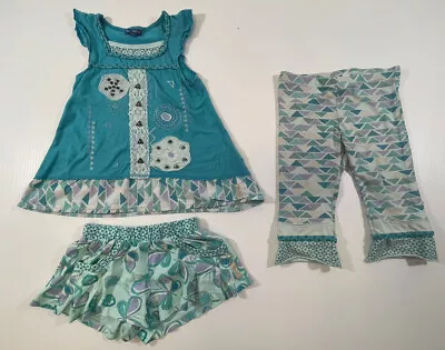 Naartjie Girls Green Cotton Butterflies Shorts Tunic Cropped Pants 3Pc Set Lot 6 • $19.54